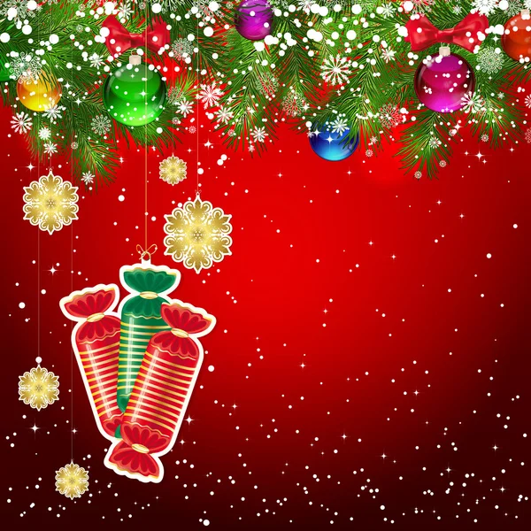 Fondo de Navidad con ramas de árbol de Navidad decoradas con — Vector de stock