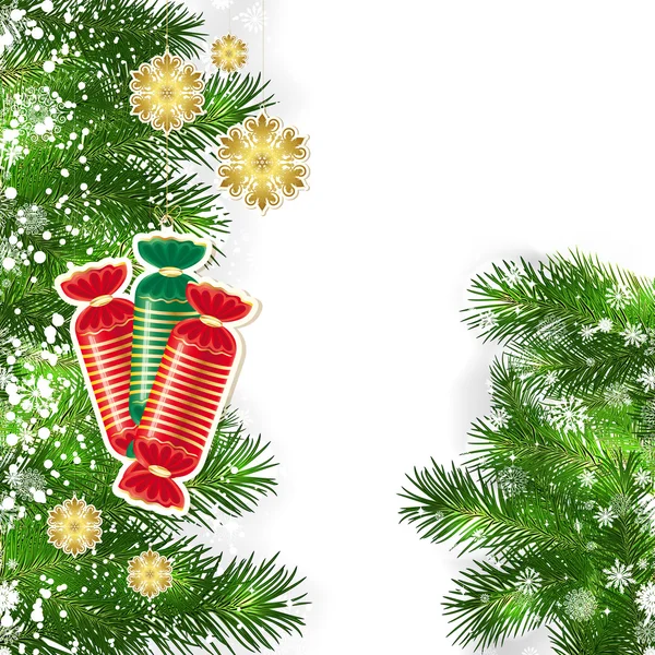 Christmas background with Christmas decor and green branches of — Stock Vector