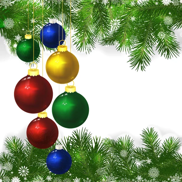 Jul bakgrund med julgranskulor och gröna grenar av — Stock vektor