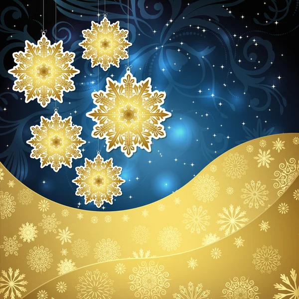 Golden snowflakes and frosty patterns on a dark blue background. — Stock Vector