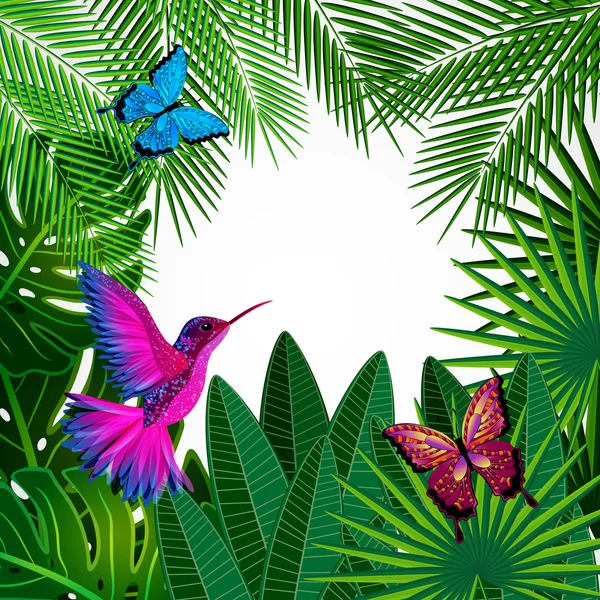 Hojas tropicales con pájaros, mariposas. Fondo de diseño floral — Archivo Imágenes Vectoriales