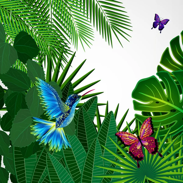 Hojas tropicales con pájaros, mariposas. Fondo de diseño floral — Vector de stock