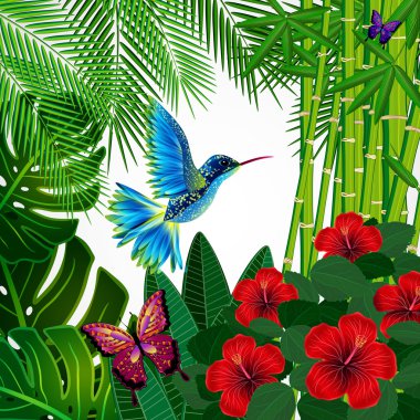Tropikal çiçek tasarım arka plan ile kuş, kelebek.