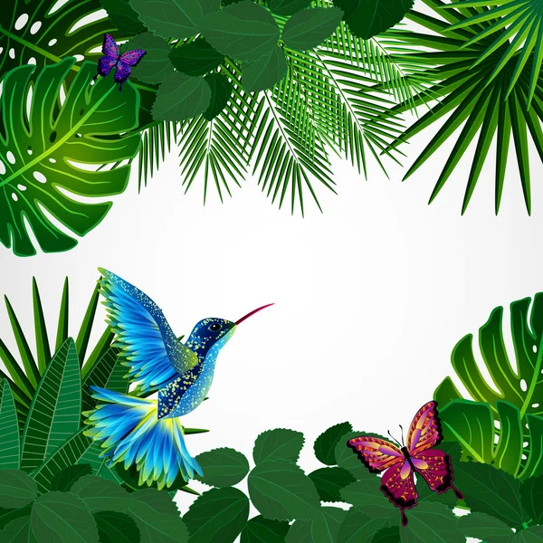 Feuilles tropicales avec oiseaux, papillons. Backgroun de conception florale — Image vectorielle