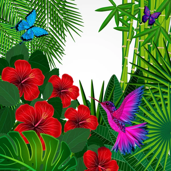 Tropical floral design background with bird, butterflies. — Stock Vector