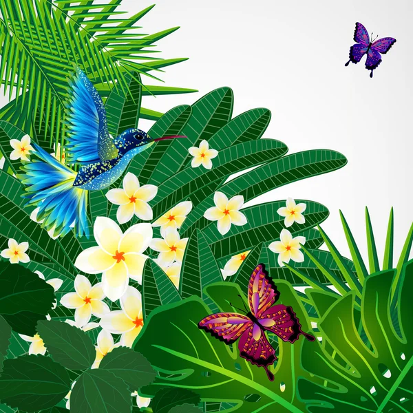 Tropical floral design background with bird, butterflies. — Stock Vector