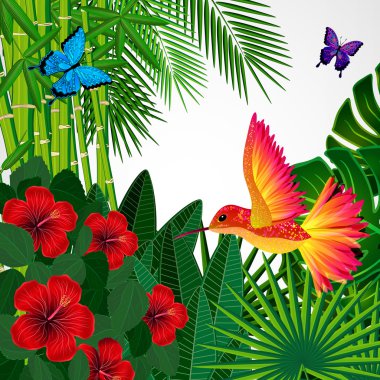 Tropikal çiçek tasarım arka plan ile kuş, kelebek.