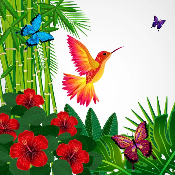 Ontwerp met tropische bloemen achtergrond met vogels, vlinders. — Stockvector