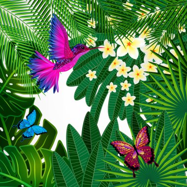 Tropikal çiçek tasarım arka plan ile kuş, kelebek.
