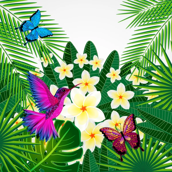 Fondo de diseño floral tropical con aves, mariposas . — Vector de stock