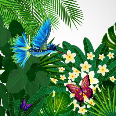 Tropikal çiçek tasarım arka plan ile kuş, kelebek.