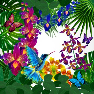 Çiçek tasarım arka plan. Tropikal orkide çiçekler, kuşlar.