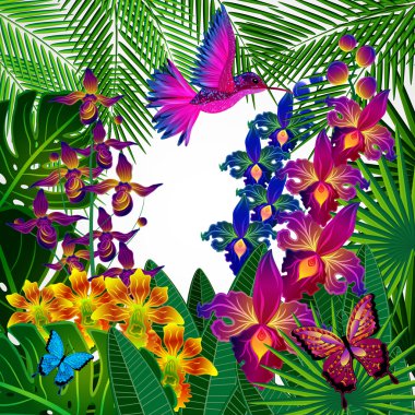 Çiçek tasarım arka plan. Tropikal orkide çiçekler, kuşlar.