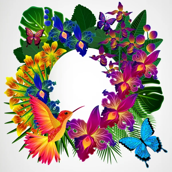 Цветочный дизайн фона. Цветы тропических орхидей, птицы . — стоковый вектор