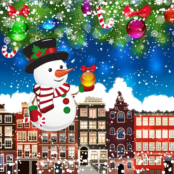 Muñeco de nieve de Navidad en el fondo de las calles cubiertas de nieve . — Vector de stock