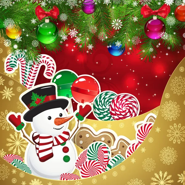 Muñeco de nieve en el fondo de dulces, bolas de Navidad decoradas . — Vector de stock