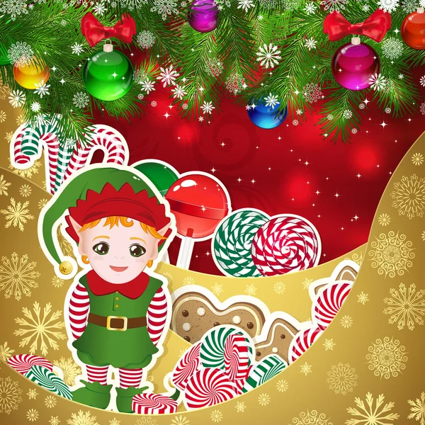 Elf, Santa hjälpar på jul bakgrund. — Stock vektor