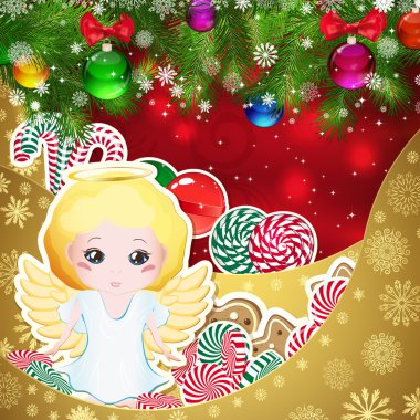 Sweets, arka plan üzerinde Angel süslenmiş Noel topları.