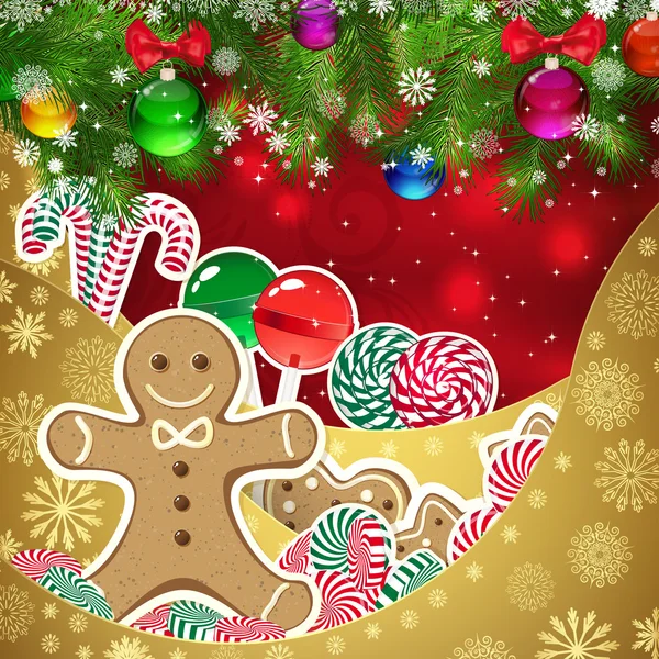 Gingerbread man on the Christmas background of sweets. — Stock Vector