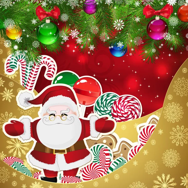 Santa Claus en el fondo de Navidad de dulces . — Vector de stock