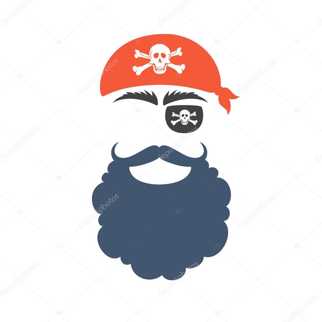 Pirate props face set. Pirate mask. Party corsair birthday photo booth props. Babushka, mustache, beard, eyecup, eyebrows. Vector illustration pirate photo booth props. Pirate props.