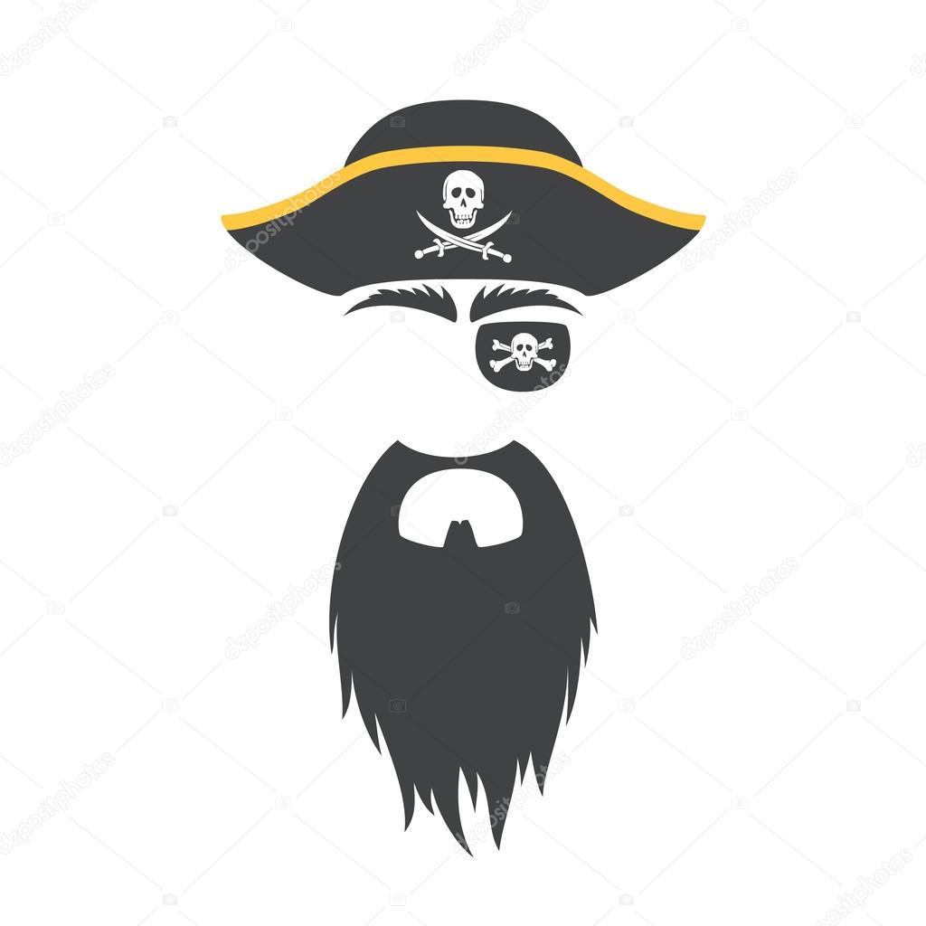 Pirate props face set. Pirate mask. Party corsair birthday photo booth props. Cocked hat, beard, eyecup, eyebrows. Vector illustration pirate photo booth props. Pirate props.