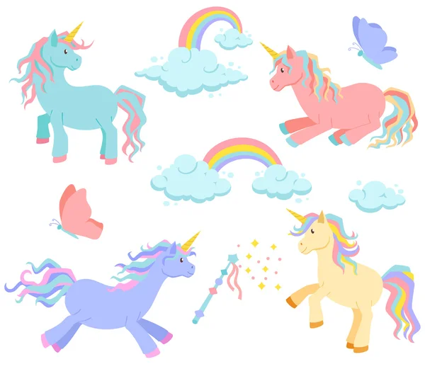 Unicornio, arco iris y nubes — Archivo Imágenes Vectoriales