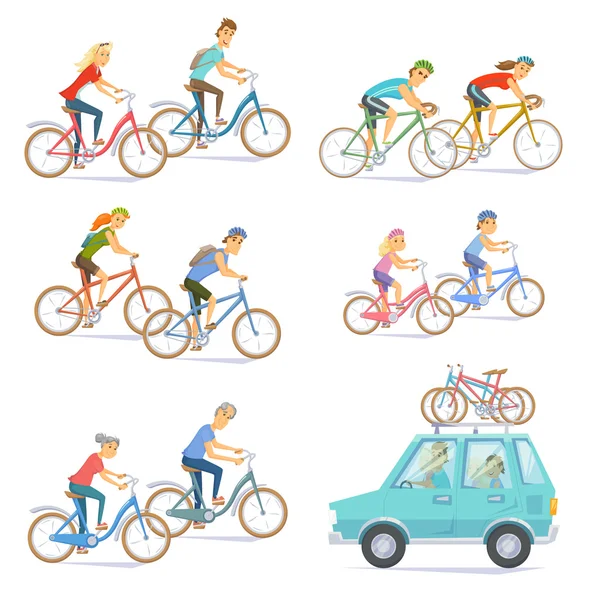 Cyclists on bikes set — Stock Vector