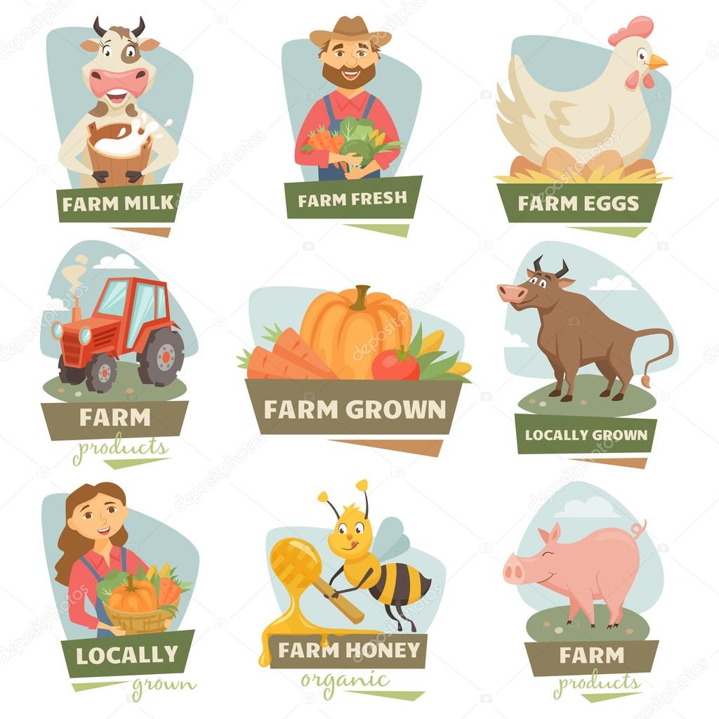 Farm market label and badge set. Cow with milk, pig, farmer men, women, harvest, pig, tractor, bull, hen on egg, bee, honey, meet. Farmer fair logo. Natural farm food, organic product, locally grown.