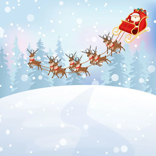 Santa Claus rides reindeer sleigh — Stock Vector