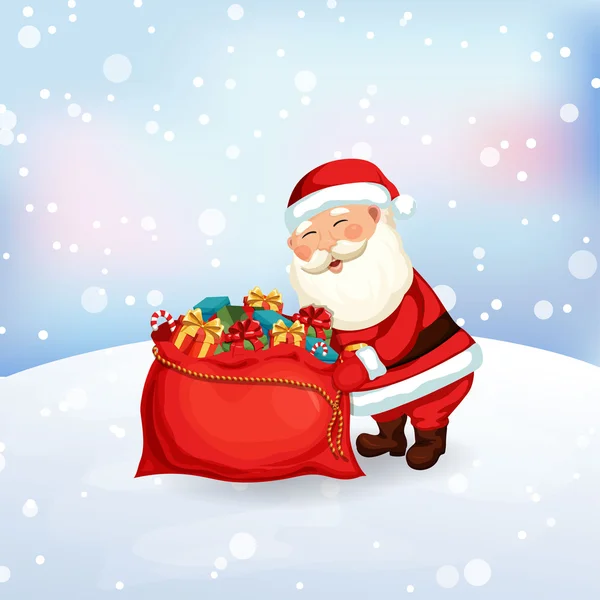 Santa Claus empacando una bolsa de regalos — Vector de stock