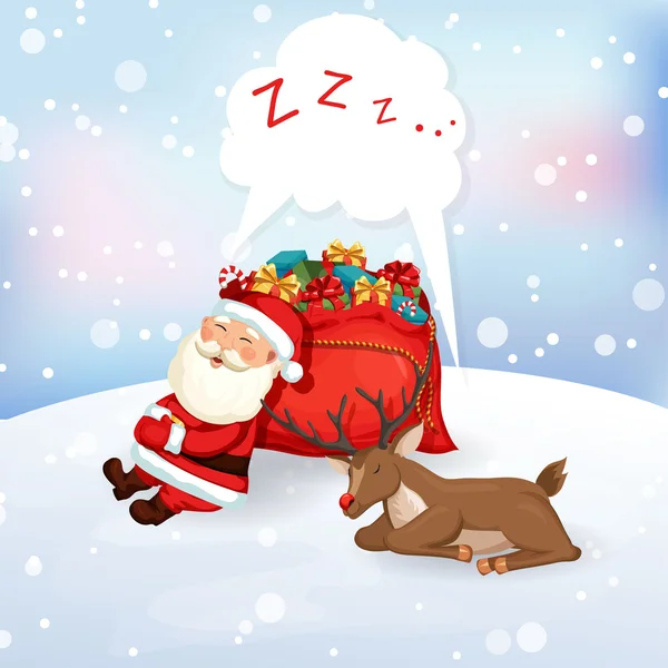 Santa Claus sova på en påse med presenter med renar — Stock vektor