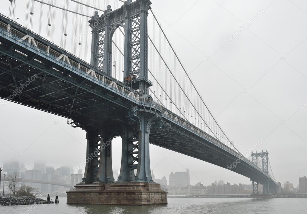 Manhattan Bridge in a fog.