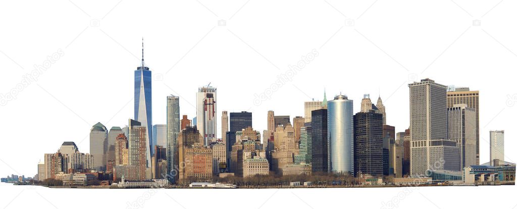 High resolution panoramic view of Lower Manhattan from the ferry - isolated on white. Clipping path included.