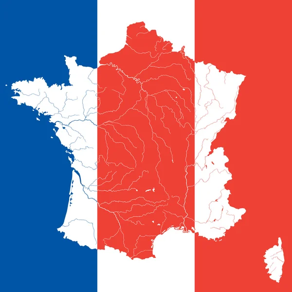 Mapa da França com rios na bandeira francesa . — Vetor de Stock