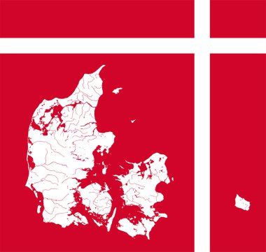 Göller ve nehirler Danimarka fla renkleri ile Danimarka Haritası