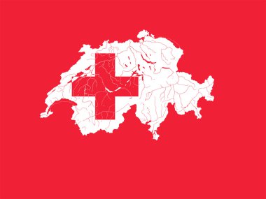 Göller ve nehirler İsviçre renkleri ile İsviçre Haritası