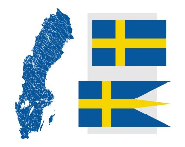 Göller ve nehirler ve iki İsveçli bayrak ile İsveç Haritası.