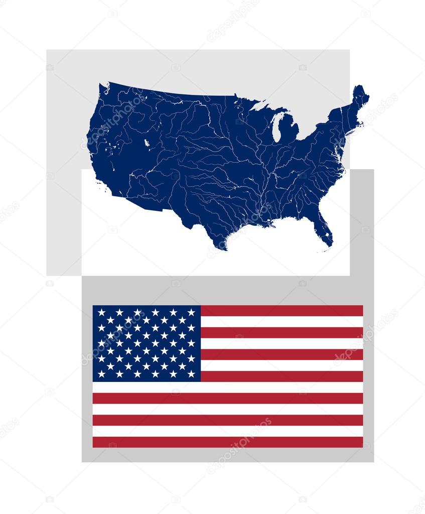 Map of the United States of America and American flag.