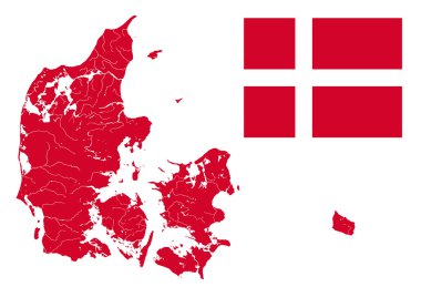 Map of Denmark with lakes and rivers and Danish flag. clipart