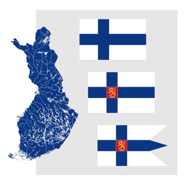 Göller ve nehirler ve üç Finlandiyalı bayrakları ile Finlandiya Haritası.