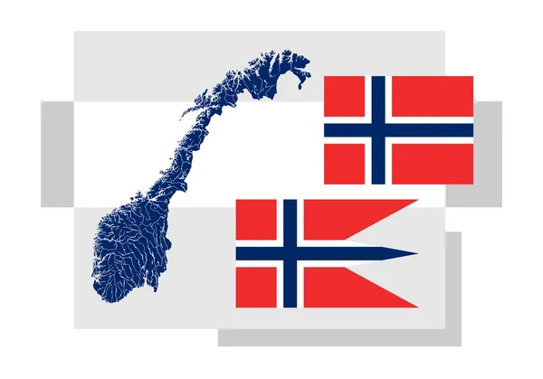 Karte von Norwegen mit Seen und Flüssen und zwei norwegischen Flaggen. — Stockvektor