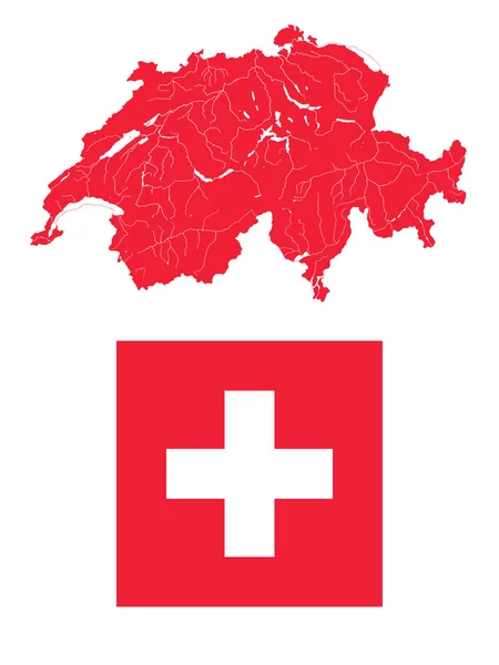 Map of Switzerland with lakes and rivers and Swiss flag. — Stock Vector