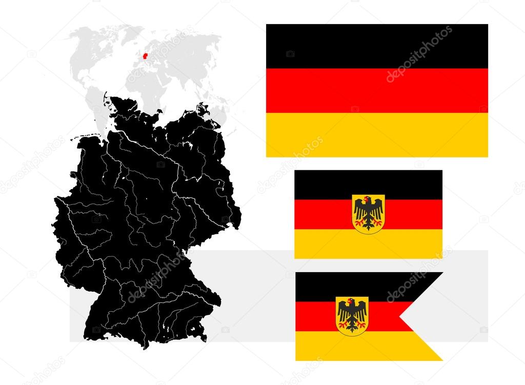 Map of Germany with lakes and rivers and three German flags.