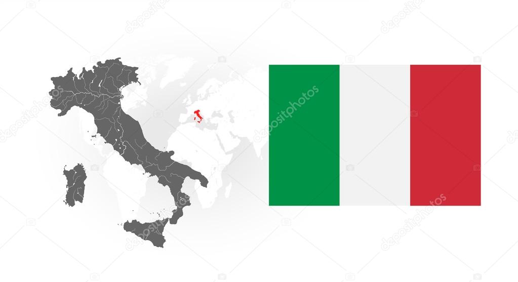 Map of Italy with rivers and National flag of Italy.