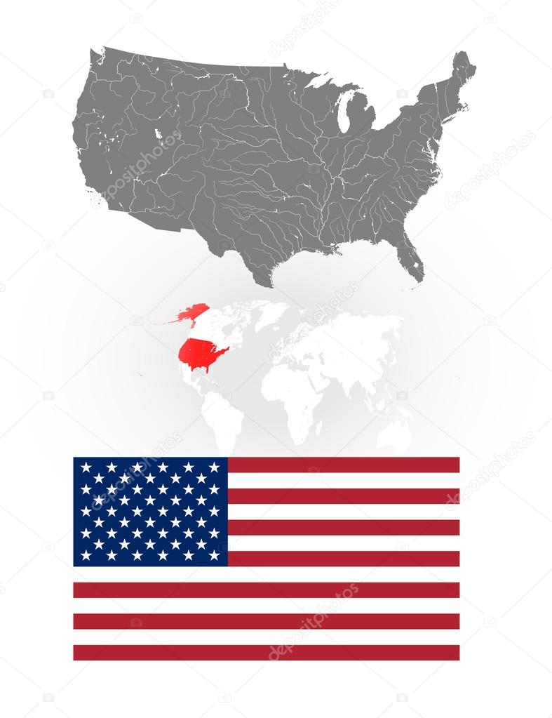 Map of the United States of America and American flag.