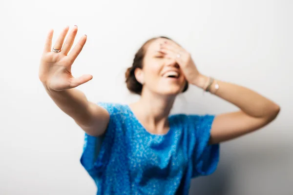 Girl shows stop gesture — Stock Photo, Image