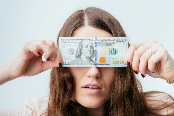 Menina com nota de dólar — Fotografia de Stock