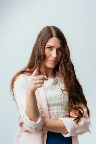 Girl pointing on camera — Stock Photo, Image