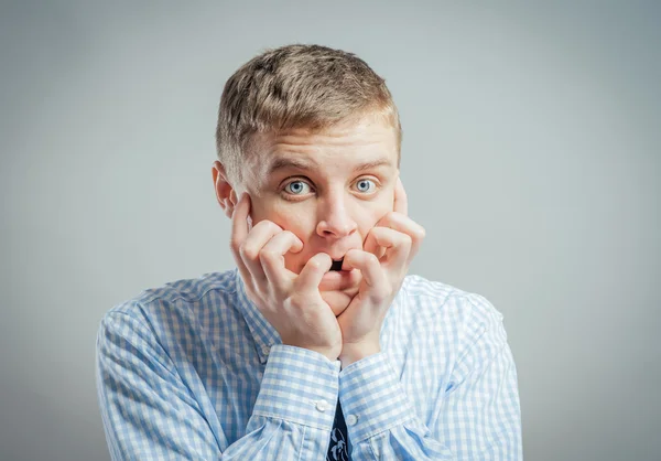 Man keep his mouth closed by hands — Stock Photo, Image
